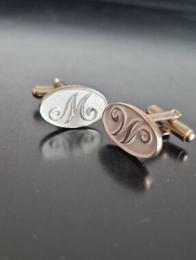 Two-Tone Oval 'M' Monogram Cufflinks in Silver and Rose Gold